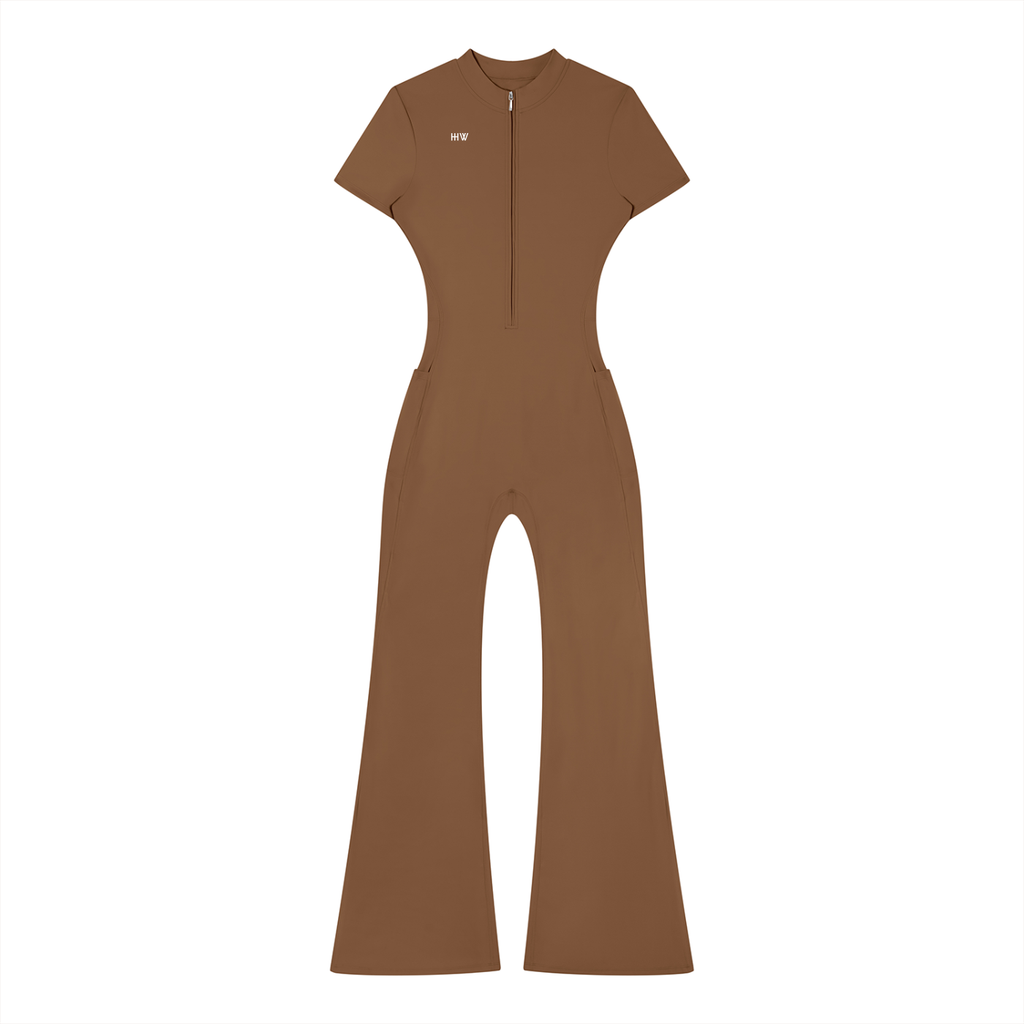 “No Worries” Women’s Tight Flared Leg Quarter-Zip Jumpsuit