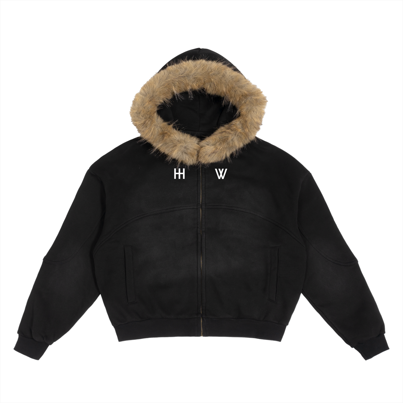 ‘HW’ Sun Fade Boxy Detachable Fur Hoodie