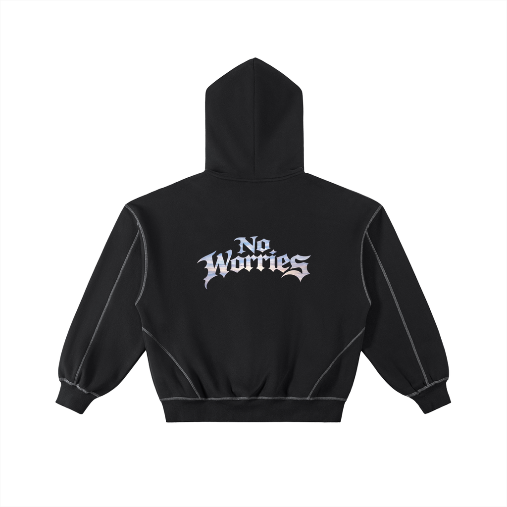 “No Worries” Contrast-Stitched Boxy Fleece Zip Hoodie
