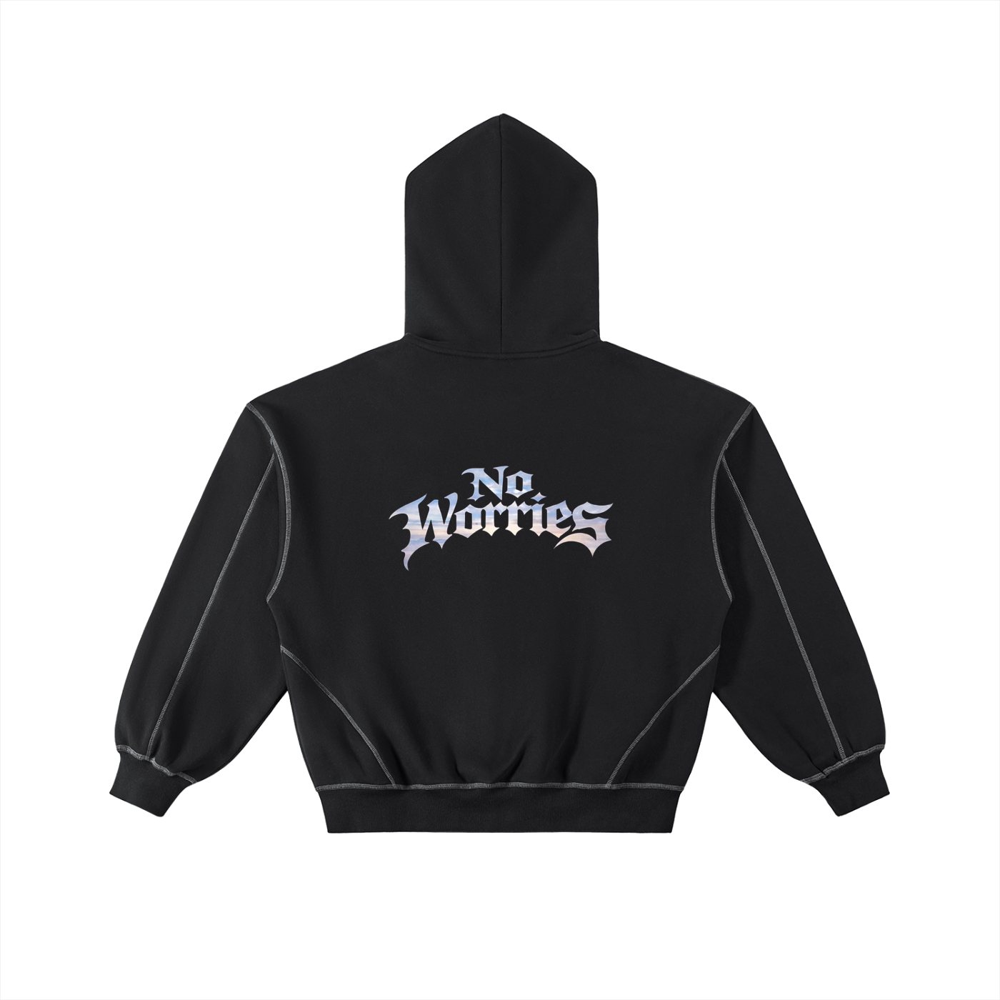 “No Worries” Contrast-Stitched Boxy Fleece Zip Hoodie