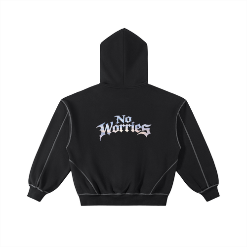 “No Worries” Contrast-Stitched Boxy Fleece Zip Hoodie